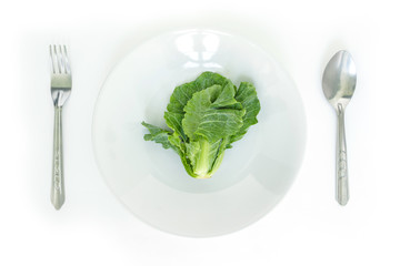 chinese kale on plate fork spoon top view on white background