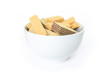 wafer chocolate milk dessert  on white bowl on white background