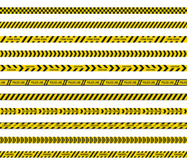 Police or barricade tapes do not cross. Black and yellow stripes of danger. Seamless barrier lines.
