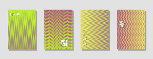 Vivid yellow zig zag banner templates, wavy lines gradient stripes backgrounds for fashion cover. Curve shapes stripes, zig zag edge lines halftone texture gradient posters collection.