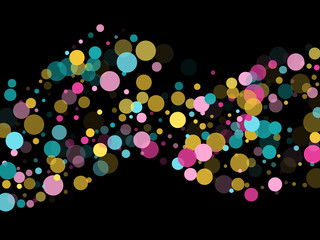 Memphis round confetti festive background in cyan blue, pink and yellow. Childish pattern vector.