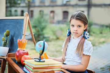Portrait of a beautiful young first-grader sitting at a desk on the background autumn park....