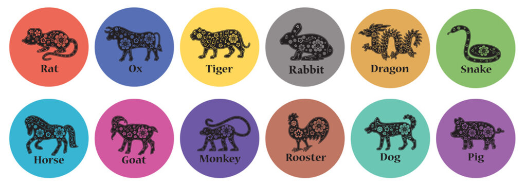Chinese horoscope 2019, 2020, 2021, 2022, 2023, 2024, 2025 years. Floral ornament. Animal symbols. Colorful vector signs. Rabbit