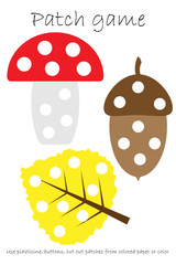 Education Patch game autumn picture for children to develop motor skills, use plasticine patches, buttons, colored paper or color page, kids preschool activity, printable worksheet,vector illustration