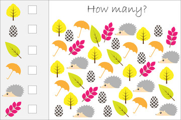 How many counting game with autumn pictures for kids, educational maths task for the development of logical thinking, preschool worksheet activity, count and write the result, vector illustration