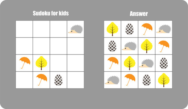 Sudoku game with autumn pictures (umbrella, leaf) for children, easy level, education game for kids, preschool worksheet activity, task for the development of logical thinking, vector illustration