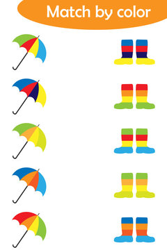 Matching game for children, connect colorful umbrellas with same color boots, preschool worksheet activity for kids, task for the development of logical thinking, vector illustration