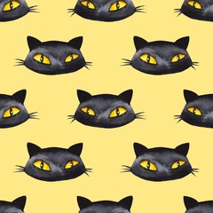 Halloween watercolor seamless pattern 2. Background with black cats