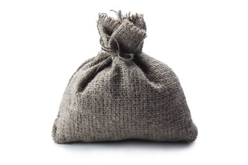 Fototapeta na wymiar Grey closed and tied burlap sack, isolated on white background