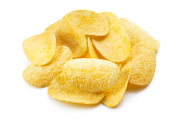 Delicious potato chips, isolated on white background
