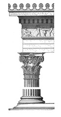 Corinthian order capital with acanthus leaves and scrolls, monument of Lysicrates at Athen.Corinthian was the most ornate order of Greek and Roman architecture, vintage engraving