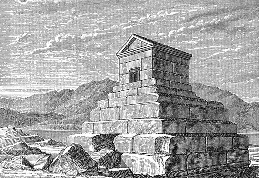 Iran Pasargad: tomb of Cyrus the great, historical monument in the Murghab plain built in 530-540 BC, vintage engraving