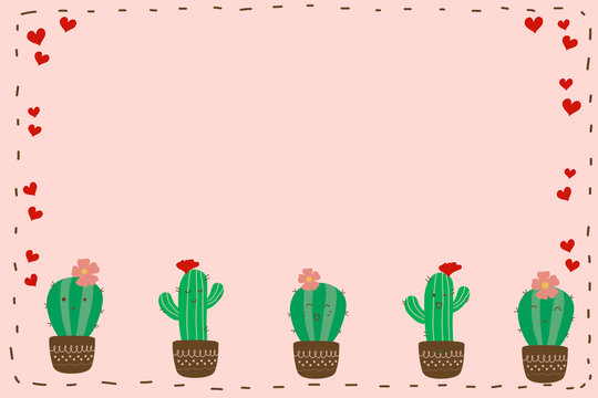 Cute smile cactus with flower in brown pot and red heart on pastel pink frame background with copy space for fill text. Minimal and abstract style for wallpaper in botanicals idea and plants concept.