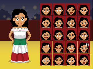 Spanish Traditional Girl Cartoon Emotion faces Vector Illustration
