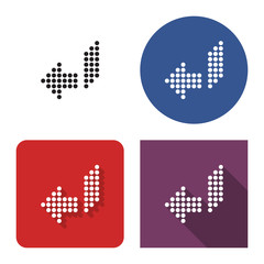 Dotted icon of left orthogonally curved arrow in four variants. With short and long shadow