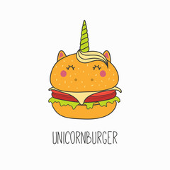 Hand drawn vector illustration of a kawaii funny burger with unicorn horn, ears, with text. Isolated objects on white background. Line drawing. Design concept for cafe menu, children print.