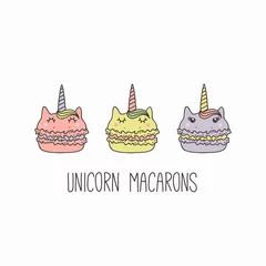 Zelfklevend Fotobehang Hand drawn vector illustration of a kawaii funny macarons with unicorn horn, ears, with text. Isolated objects on white background. Line drawing. Design concept for cafe menu, children print. © Maria Skrigan