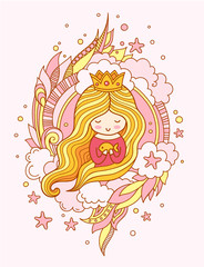 Cute little princess mermaid with fish and crown. Vector illustration.
