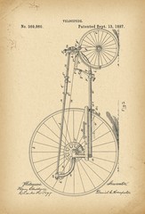 Fototapeta na wymiar 1887 Patent Velocipede Tricycle Bicycle archival history invention