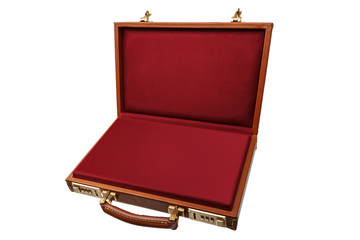 Brown leather suitcase with combination lock and gold locks isolated on white