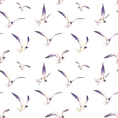 Naklejka premium Seamless pattern with flying seagulls. Watercolor illustration