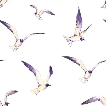 Seamless pattern with flying seagulls. Watercolor illustration