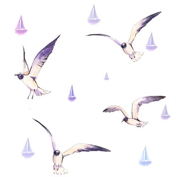 Seamless pattern with flying seagulls. Watercolor illustration