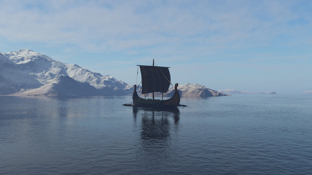 Viking ship in northern sea
