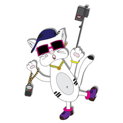 White cat with phone and stick selfie