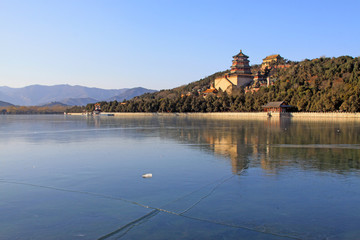 Tower of Buddhist incense and frozen Kunming lake