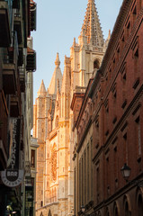 Obraz premium Gothic Cathedral of Leon, Castilla y Leon (Spain), during sunset. It views from one of the adjacent streets. Summer of 2017.