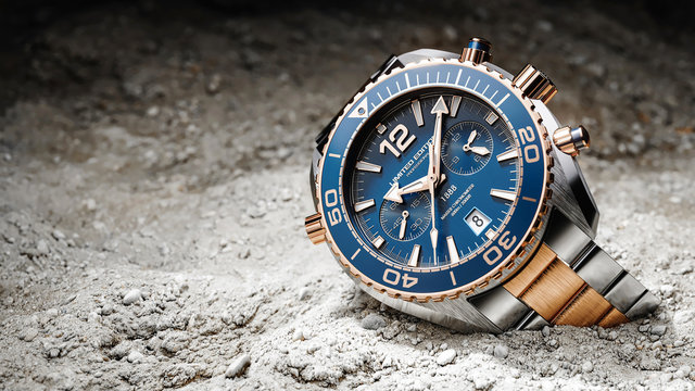 Luxury wristwatches on sand ground focused to light
