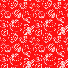 Strawberry seamless pattern. Hand drawn fresh berry. Vector sketch background. Color doodle wallpaper. Red print