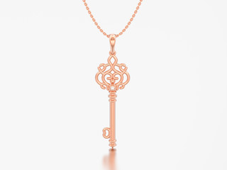 Fototapeta na wymiar 3D illustration red rose gold decorative key necklace on chain with diamond
