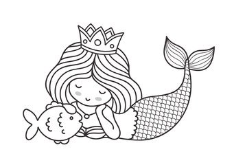 Little lying dreamy princess mermaid with fish. Cute cartoon character. Outline illustration.