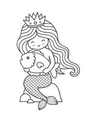 Cute little mermaid with big fish, sitting on a rock. Vector outline illustration for coloring book.