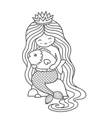 Mermaid. Little queen with crown and long beautiful hair, sitting on a rock, holding big fish. Outline illustration.