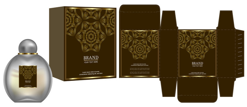 Packaging design, Label on cosmetic container with gold luxury box template and mockup box. vector illustration.