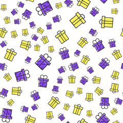 Gift boxes seamless pattern. Pattern gift box for fabric print, wrapping packag gift box paper. Yellow ,purple gift box with ribbon and bow. Vector illustration in outline style