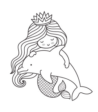 Little kawaii mermaid with dolphin. Vector outline illustration for coloring book.