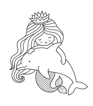 Kawaii mermaid, hugging dolphin. Cartoon character, vector outline illustration