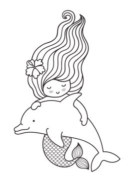 Mermaid with beautiful long wavy hair, floating with dolphin. Outline illustration.