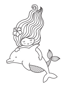 Little floating mermaid with dolphin. Vector outline illustration for coloring book.