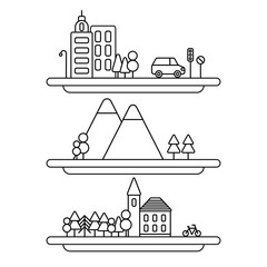 Vector collection of linear illustrations. Vector city illustration in linear style. Vector nature illustration in linear style. Vector village illustration in linear style.
