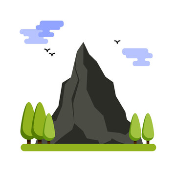 Mountain landscape. Vector illustration. Flat design nature landscape illustration with trees and clouds