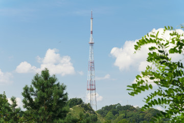Obraz premium TV tower on a background of blue sky and green trees