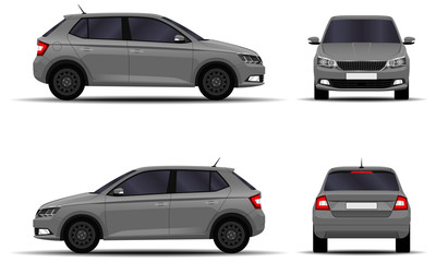 realistic car. hatchback. front view, side view, back view.
