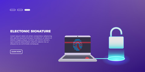 Scan Fingerprint on laptop. Identification system. Biometric authorization and business security concept. Illustration of application scanning fingerprint. Vector illustration in isometric style