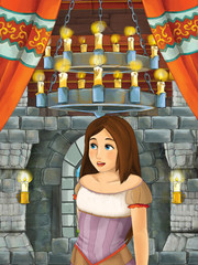 Obraz na płótnie Canvas cartoon scene with princess in medieval castle room - illustration for children 