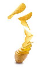 Flying potato slices turning into chips, isolated on white background